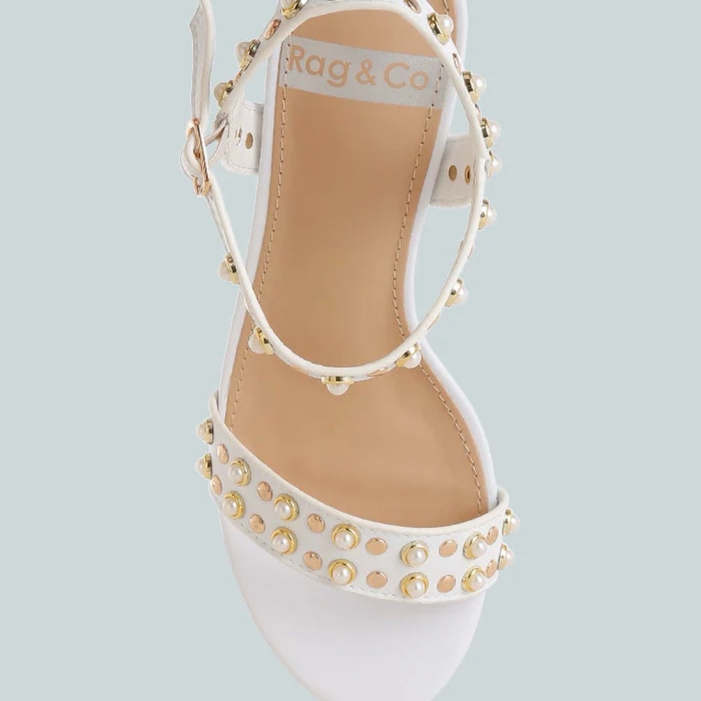 Rag & Co ~ White Genuine Leather Studded Ankle-Strap Heels - Picture 5 of 5
